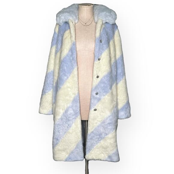 ANTHROPOLOGIE Stripe Faux Fur Coat Jacket Whimsical Gorpcore Glam Blue Ivory - Picture 5 of 15